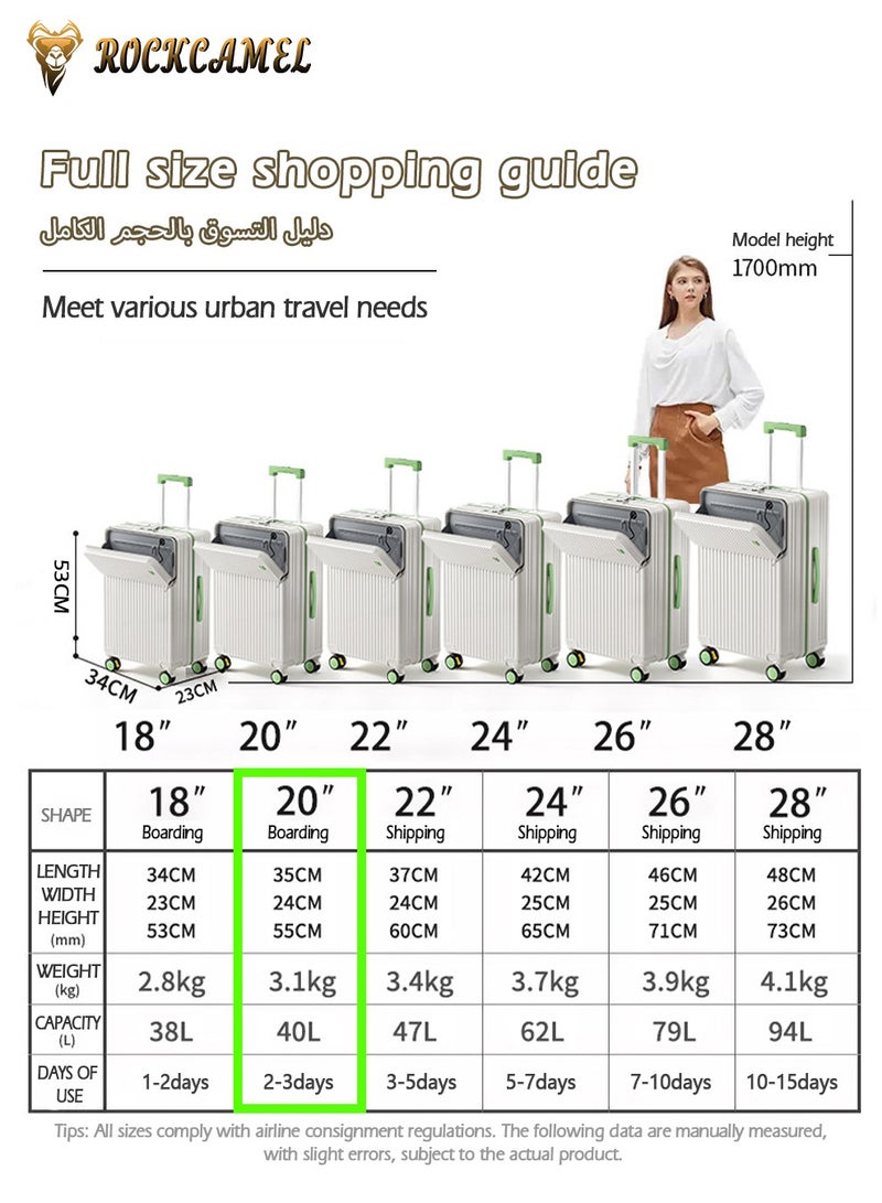 ROCKCAMEL 20-Inch Boarding Carry-On Luggage With Shock-Absorbing Wheel, Front Open Trolley Suitcase With Laptop Compartment, Hard Shell Travel Luggage With Cup Holder USB Port And Phone Holder,  Unisex Lightweight Travel Bag(White, 20-Inch) - Image 2