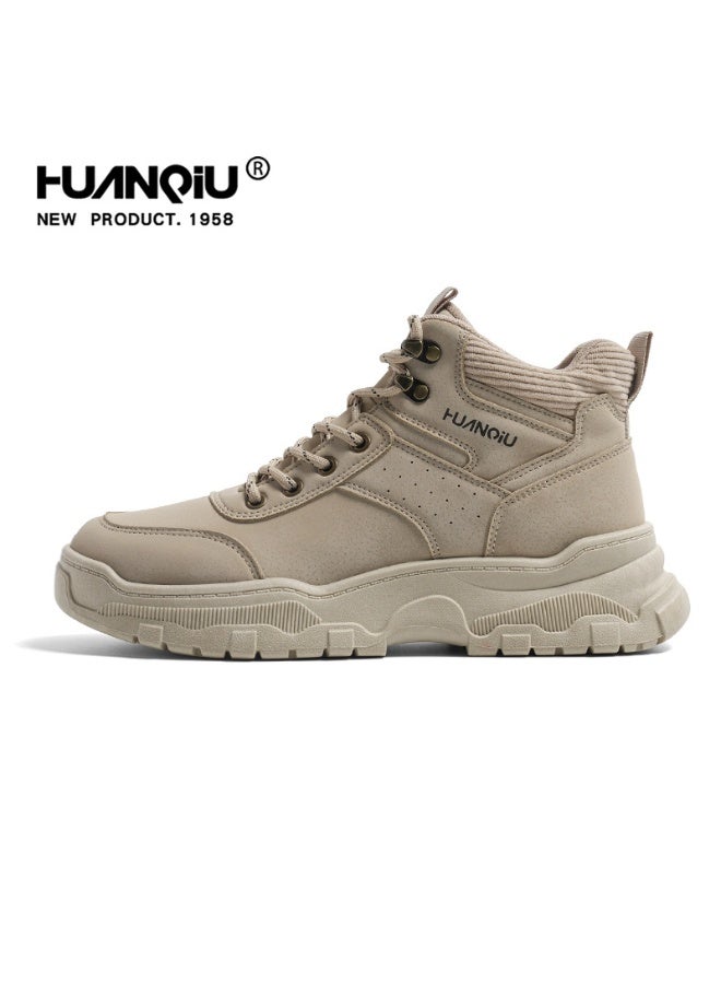 HUANQIU High-Top Chunky Sole Boots - Beige Suede Casual Sneakers for Men (Youth Trend Fashion Footwear) 40SIZE - Image 2