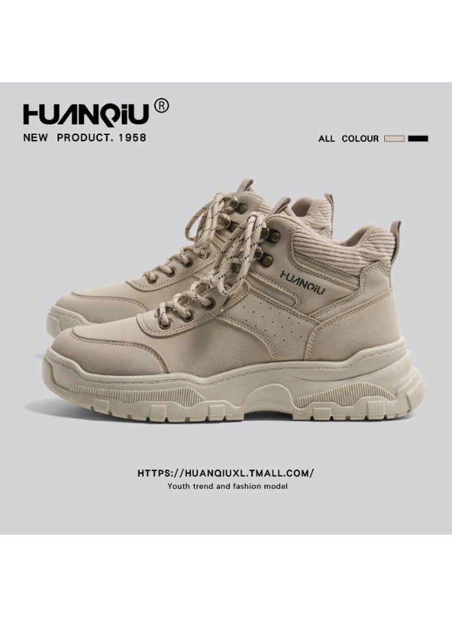 HUANQIU High-Top Chunky Sole Boots - Beige Suede Casual Sneakers for Men (Youth Trend Fashion Footwear) 40SIZE - Image 3