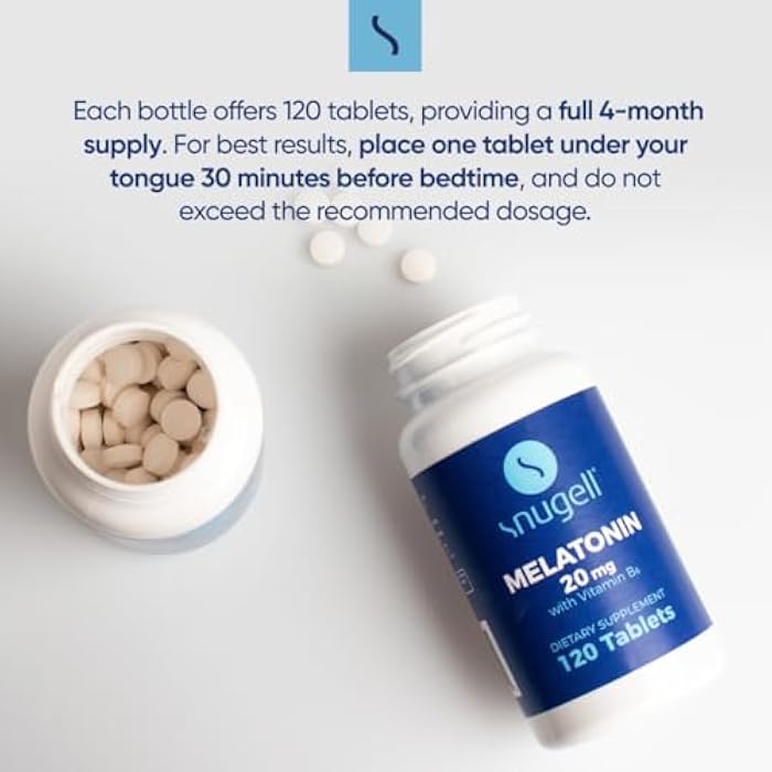 Snugell Melatonin 20 mg with Vitamin B6 –Vegetarian, Non-GMO, Gluten-Free –High-Potency Sleep Support –120 Fast-Dissolving Non-Habit Forming Tablets for Natural Sleep Cycles & Restful Nights (2) - Image 3