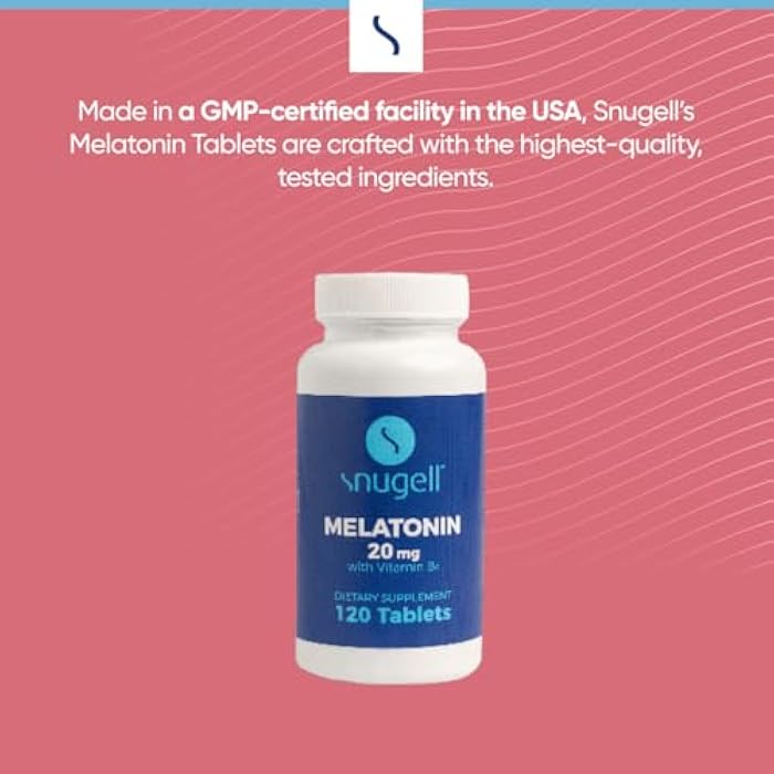 Snugell Melatonin 20 mg with Vitamin B6 –Vegetarian, Non-GMO, Gluten-Free –High-Potency Sleep Support –120 Fast-Dissolving Non-Habit Forming Tablets for Natural Sleep Cycles & Restful Nights (2) - Image 5