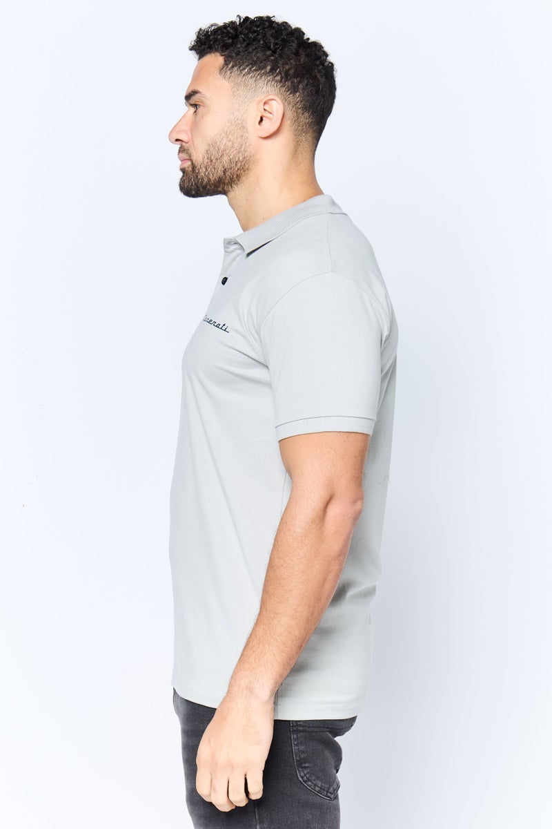 Maserati Men Regular Fit Brand Logo Short Sleeves Polo Shirt, Light Grey - Image 3