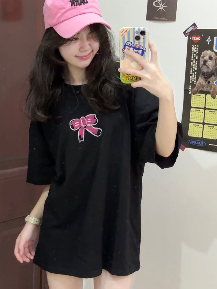 American Retro Printed Cotton Short-Sleeved T-Shirt For Women Summer Chic Lazy Style Loose Casual Round Neck Black Top - Image 4
