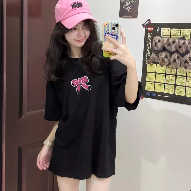American Retro Printed Cotton Short-Sleeved T-Shirt For Women Summer Chic Lazy Style Loose Casual Round Neck Black Top - Image 1
