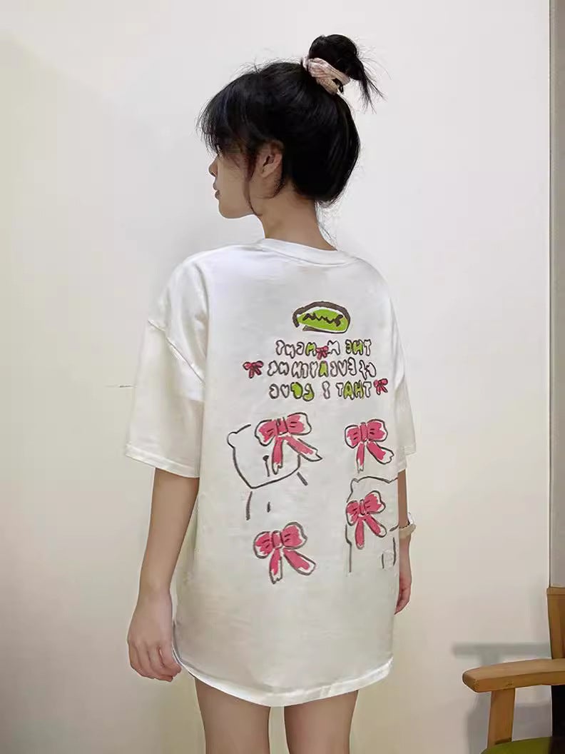 American Retro Printed Cotton Short-Sleeved T-Shirt For Women Summer Chic Lazy Style Loose Casual Round Neck Black Top - Image 5