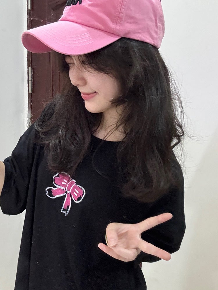 American Retro Printed Cotton Short-Sleeved T-Shirt For Women Summer Chic Lazy Style Loose Casual Round Neck Black Top - Image 3