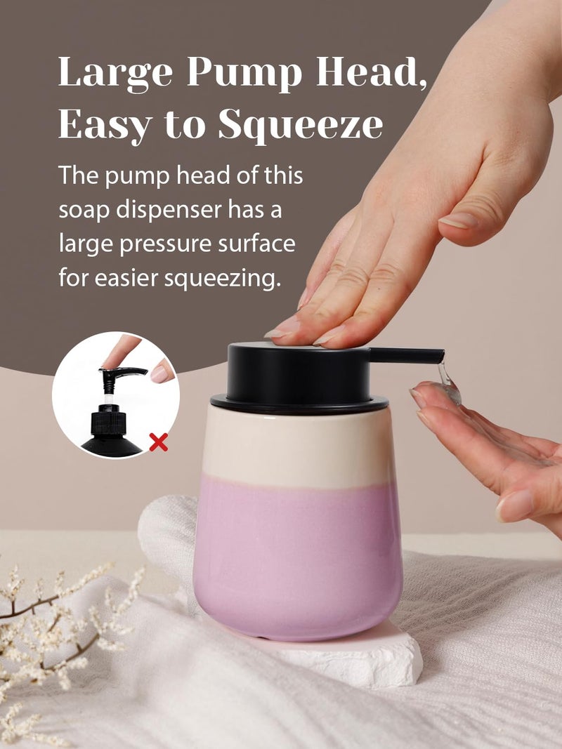 INGOFIN Ceramic Lotion Dispenser - 12 oz Hand Soap Dispenser Bathroom, Modern Liquid Dispenser with Pump, Refillable Dish Soap Bottle for Kitchen -Purple and Pink - Image 4