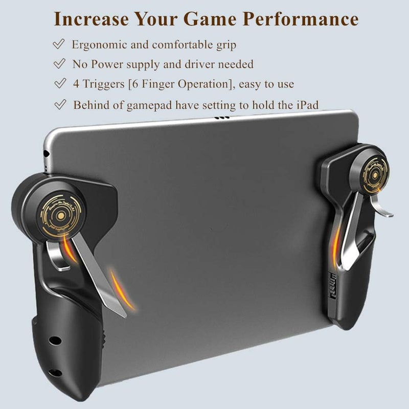 Rakizbe وحدة تحكم PUBG للأجهزة اللوحية مع 4 مشغلات [تشغيل بـ 6 أصابع] مقبض حساس لإطلاق النار والتوجيه، يدعم أجهزة iPad والأجهزة اللوحية بحجم 10-12.9 بوصة (سمك أقل من 10 مم)، أسود - Image 3