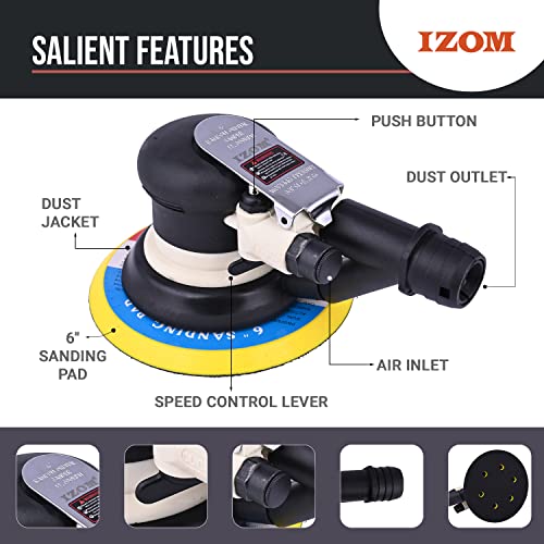 IZOM IZ-991LA 6" (150mm) Pneumatic Random Orbital Sander with Hose and Suction Bag Ideal for Fine Finishing on Woods, Metals & Composites - Image 4