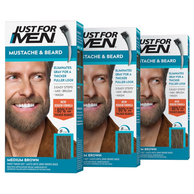 Just For Men Mustache & Beard, Beard Coloring for Gray Hair with Brush, with Keratin Biotin Aloe and Coconut Oil for Healthy Facial Hair - Medium Brown, M-35, Pack of 3 (Packaging May Vary) - Image 1