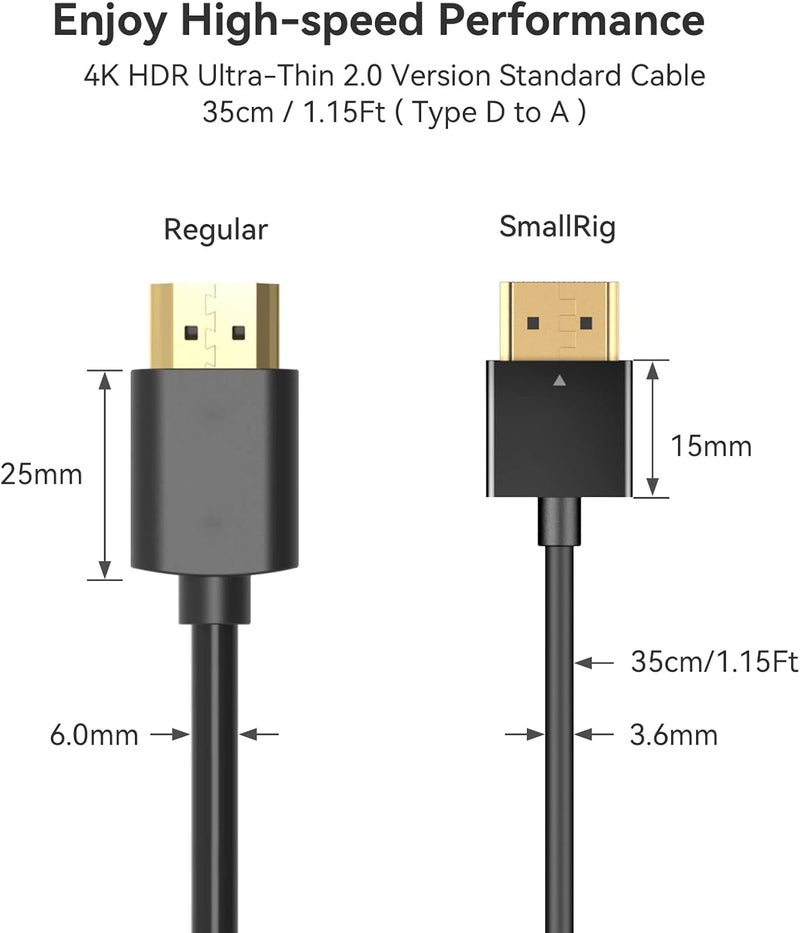 SMALLRIG Micro HDMI to HDMI Cable, Ultra Thin HDMI Cable 35cm/1.15Ft, Super Flexible Slim High Speed 4K 60Hz HDR HDMI 2.0, Compatible with GoPro Hero 7/6 / 5, for Sony A6600 / A6400-3042 - Image 3