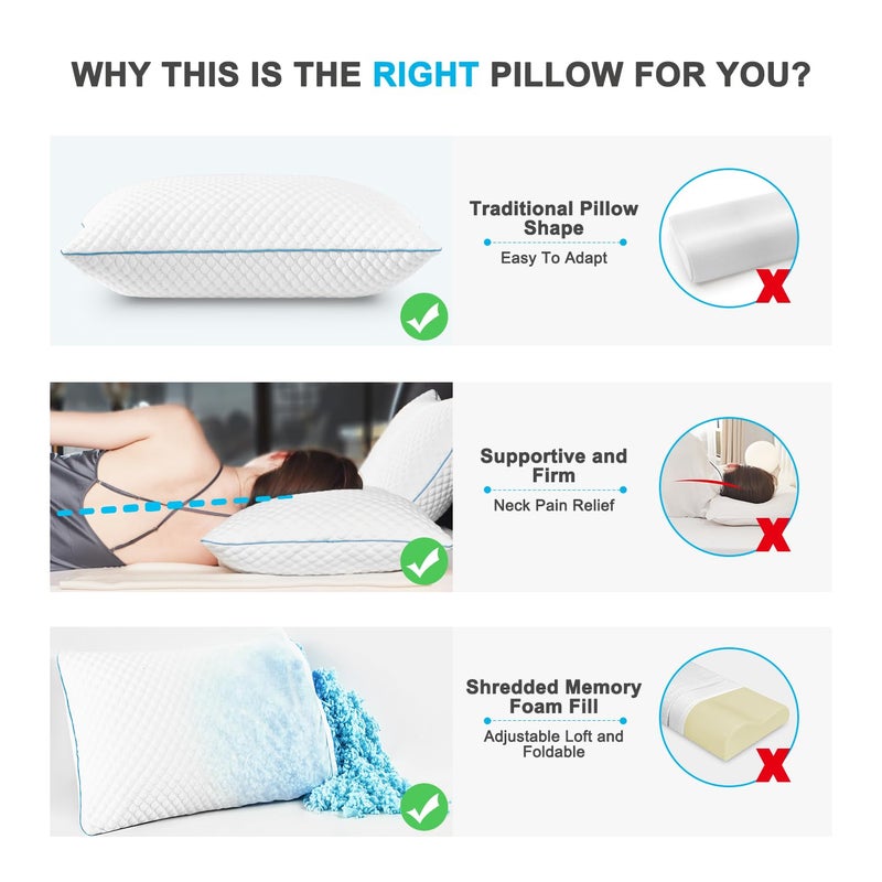 VVZ Cooling Bed Pillows Queen Size Set of 2, Shredded Memory Foam Pillows for Side Back Stomach Sleepers, Luxury Cool Gel Adjustable Firm Bed Pillows for Sleeping 2 Pack Queen Size 20 x 30 Inches - Image 3