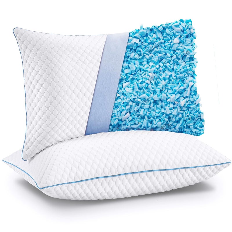VVZ Cooling Bed Pillows Queen Size Set of 2, Shredded Memory Foam Pillows for Side Back Stomach Sleepers, Luxury Cool Gel Adjustable Firm Bed Pillows for Sleeping 2 Pack Queen Size 20 x 30 Inches - Image 1