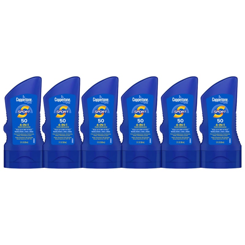Coppertone Sport Sunscreen Lotion SPF 50 Sweat Heat and Water Resistant Sunblock Lightweight Oxybenzone Free Travel Size Sunscreen Bulk Pack 3 Fl Oz Bottle Pack of 6