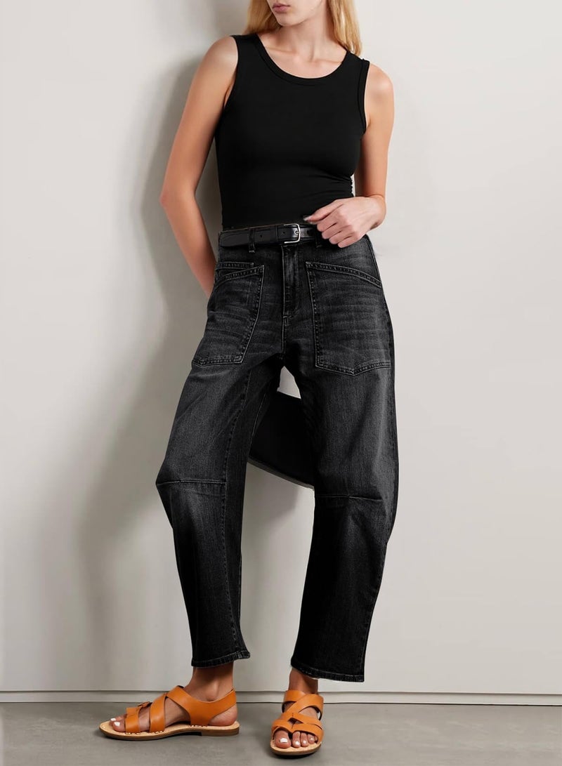 EVALESS Barrel Jeans Women Trendy 2025 Stretchy High Waisted Wide Leg Boyfriend Baggy Jean Black Size 6 - Image 3