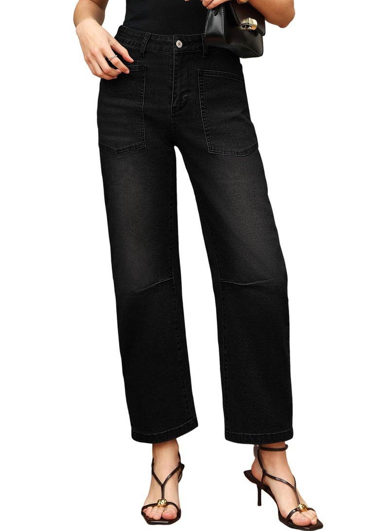 EVALESS Barrel Jeans Women Trendy 2025 Stretchy High Waisted Wide Leg Boyfriend Baggy Jean Black Size 6 - Image 5