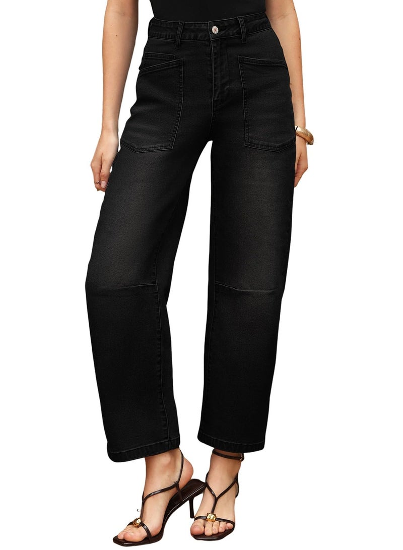 EVALESS Barrel Jeans Women Trendy 2025 Stretchy High Waisted Wide Leg Boyfriend Baggy Jean Black Size 6 - Image 4