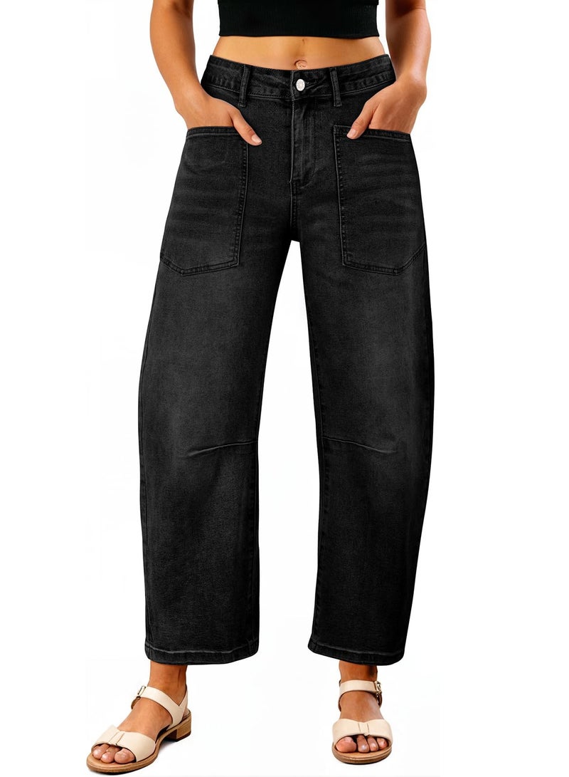 EVALESS Barrel Jeans Women Trendy 2025 Stretchy High Waisted Wide Leg Boyfriend Baggy Jean Black Size 6 - Image 1