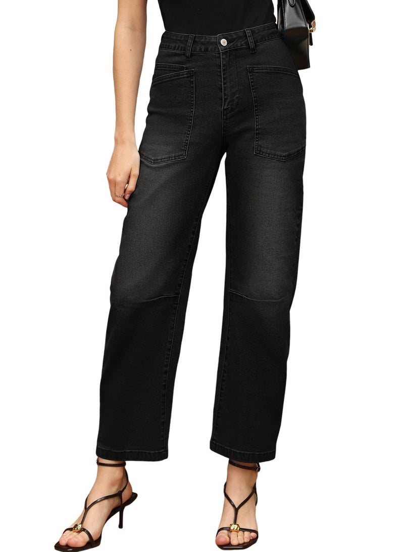EVALESS Barrel Jeans Women Trendy 2025 Stretchy High Waisted Wide Leg Boyfriend Baggy Jean Black Size 6 - Image 2