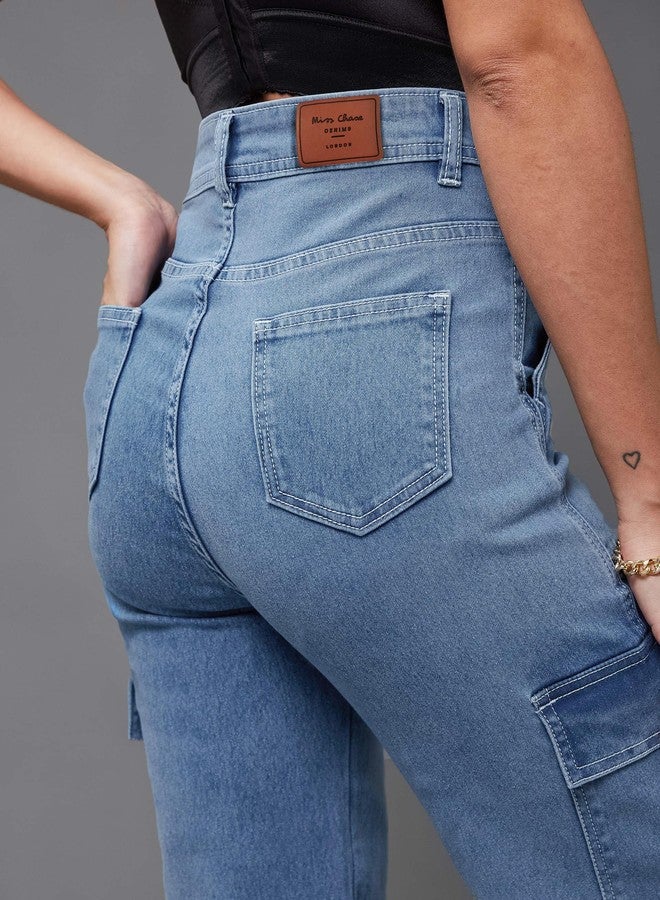 مس تشايس بنطلون جينز نسائي واسع الساق بخصر عالٍ وطول عادي قابل للتمدد من ماركة Miss Chase (MCAW24DEN79-32-358-28، أزرق أولمبي، مقاس 28) - Image 4