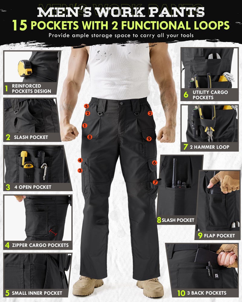 IGOLUMON Men's Stretch Tactical Work Pants, Breathable Ripstop Cargo Pants with 15 Pockets, Construction EDC Hiking Pants Black - Image 5