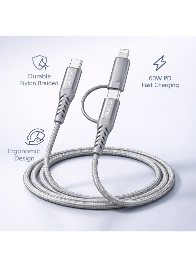 إيون كابل EONE ثنائي في واحد USB-C و Lightning بطول 1.2 متر وقوة 60 واط، يدعم الشحن السريع بتقنية PD، مصنوع من النايلون المضفر، متوافق مع أجهزة iPhone و iPad و AirPods والأجهزة من النوع C - رمادي - Image 5