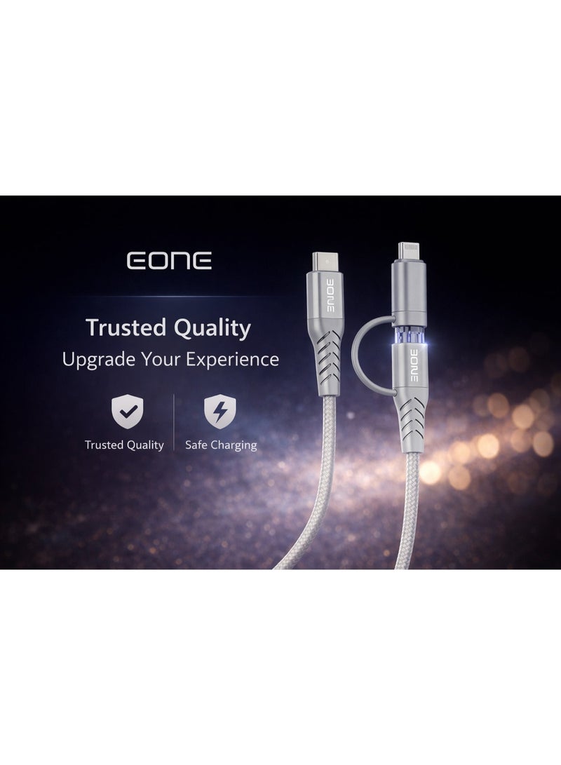 إيون كابل EONE ثنائي في واحد USB-C و Lightning بطول 1.2 متر وقوة 60 واط، يدعم الشحن السريع بتقنية PD، مصنوع من النايلون المضفر، متوافق مع أجهزة iPhone و iPad و AirPods والأجهزة من النوع C - رمادي - Image 3