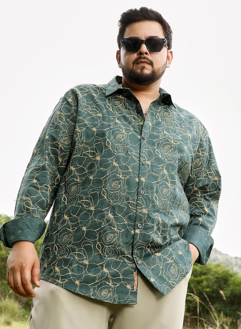 انستافاب بلس Instafab Men's Sacramento Green Roses-Lined Embroidered Shirt | Spread Collar , Long Cuffed Sleeves , Button Closure | Floral Jacquard | Cotton-Blend Shirt For Casual Wear