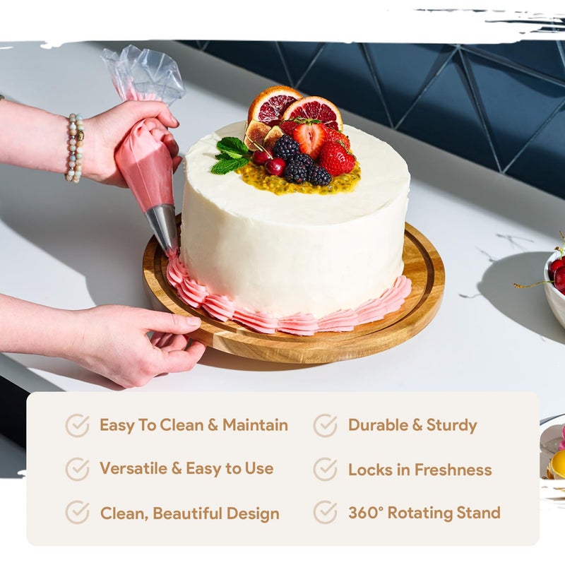HOMESPHERE Rotating Cake Stand With Lid - 12 Inch Round Cake Holder with Cover, 4â€ Tall, Acacia Wood Spinning Cake Turntable for Decorating, Display and Serving Platter, Acrylic Cake Dome, No Glass - Image 3