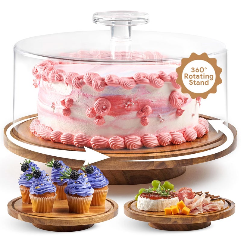HOMESPHERE Rotating Cake Stand With Lid - 12 Inch Round Cake Holder with Cover, 4â€ Tall, Acacia Wood Spinning Cake Turntable for Decorating, Display and Serving Platter, Acrylic Cake Dome, No Glass - Image 1
