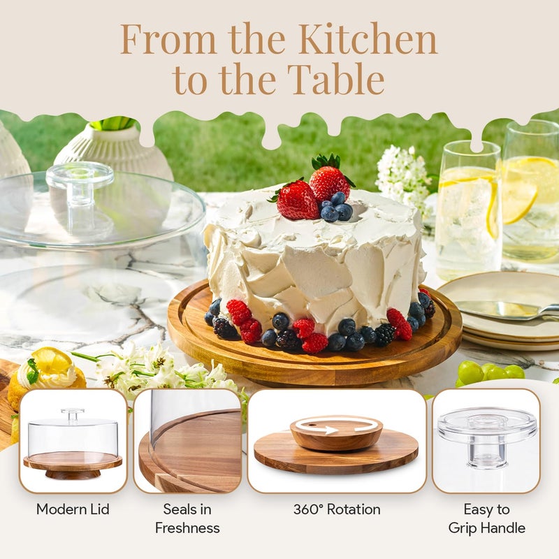 HOMESPHERE Rotating Cake Stand With Lid - 12 Inch Round Cake Holder with Cover, 4â€ Tall, Acacia Wood Spinning Cake Turntable for Decorating, Display and Serving Platter, Acrylic Cake Dome, No Glass - Image 4