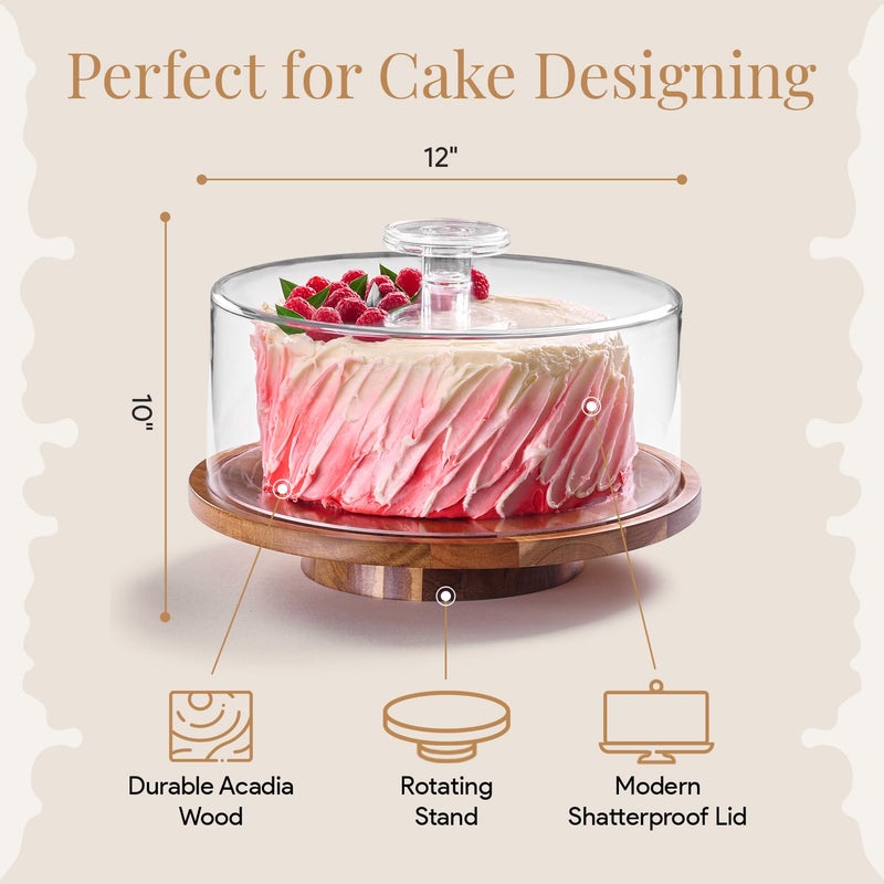 HOMESPHERE Rotating Cake Stand With Lid - 12 Inch Round Cake Holder with Cover, 4â€ Tall, Acacia Wood Spinning Cake Turntable for Decorating, Display and Serving Platter, Acrylic Cake Dome, No Glass - Image 2