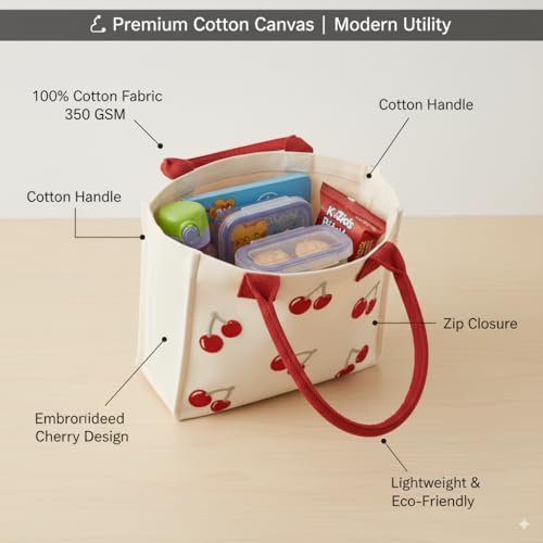 ECOCARRY Kids Lunch Bag | Cute & Stylish Embroidery Mini Tiffin Bag for Boys & Girls | Cute Cotton Cartoon Design I Picnic Tuition School, Preschool & Playschool | Gift for Birthday (Cherry) - Image 3