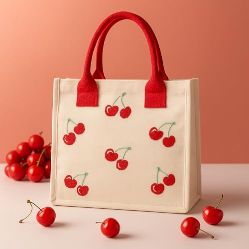 ECOCARRY Kids Lunch Bag | Cute & Stylish Embroidery Mini Tiffin Bag for Boys & Girls | Cute Cotton Cartoon Design I Picnic Tuition School, Preschool & Playschool | Gift for Birthday (Cherry) - Image 5