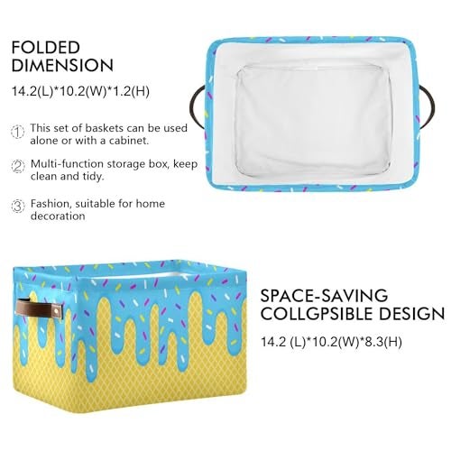 Wamika Ice Cream Drip Baseball Storage Basket with Waterproof Liner and PU Handles Blue Candy Storage Bins Boxes 142 Collapsible Decorative Organizer Baskets for Bedroom Closet Office 1 Pack - Image 3
