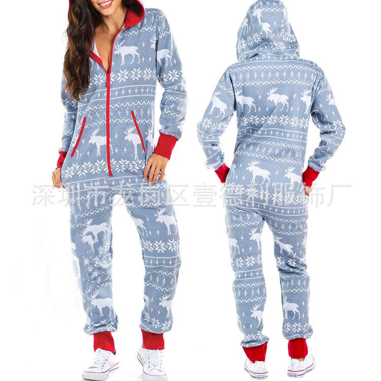 Christmas Pajamas Hooded Onesie for Couples fawn gray