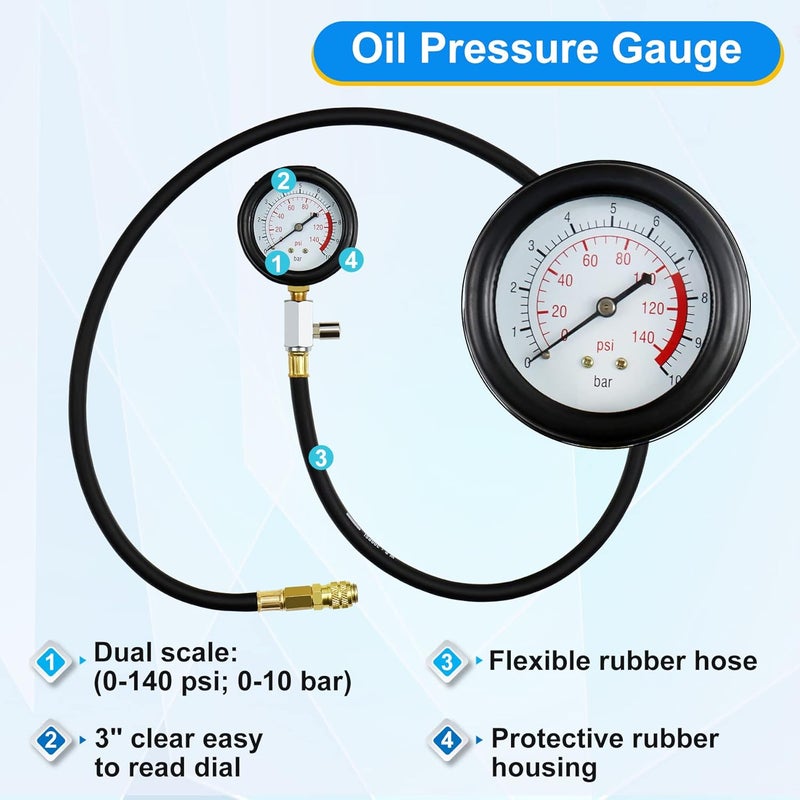 JoyFans Oil Pressure Tester Tool Kit - 0-140PSI Gauge with Hose Adapters for Engine Testing - Image 3