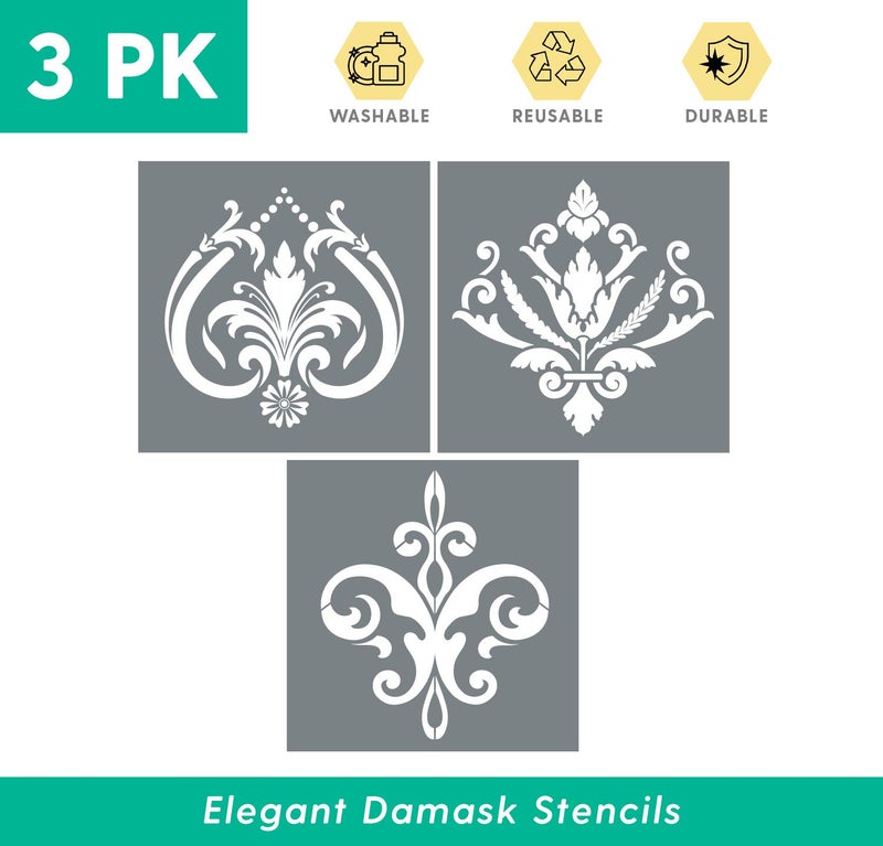 I Like That Lamp Damask Stencils (3 Designs), Large Fleur De Lis Templates for Painting Floor/Wall/Tile/Furniture/Fabric/Wood, Each 11.75â€ x 11.75â€, Strong & Reusable, DIY Crafts, Made in America by Small Business - Image 2