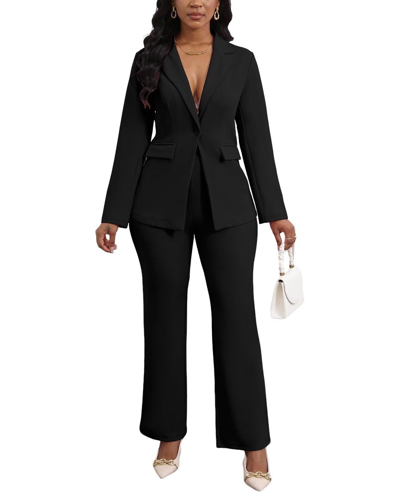 Ekaliy Womens 2 Piece Pant Suits Dressy Blazer Jacket Flare Pants Set Casual Business Suiting Formal Work Office Outfits Black - Image 1