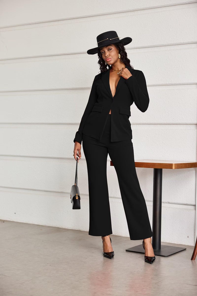 Ekaliy Womens 2 Piece Pant Suits Dressy Blazer Jacket Flare Pants Set Casual Business Suiting Formal Work Office Outfits Black - Image 5