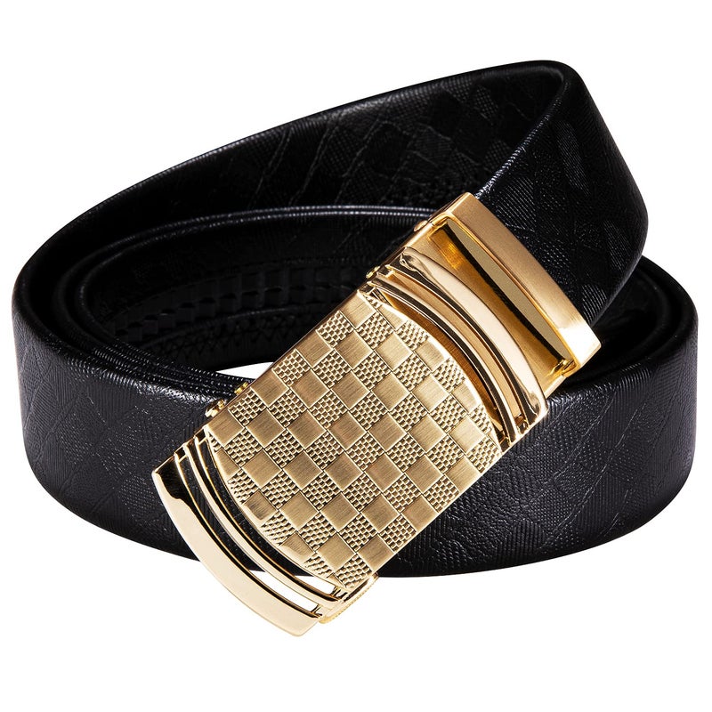 Dubulle Men's Ratchet Belt Fashion Gold Plaid Design Automatic Slid Buckle Black Ratchet Belts Trim to Fit Business Casual Belt with Exquisite Box - Image 2
