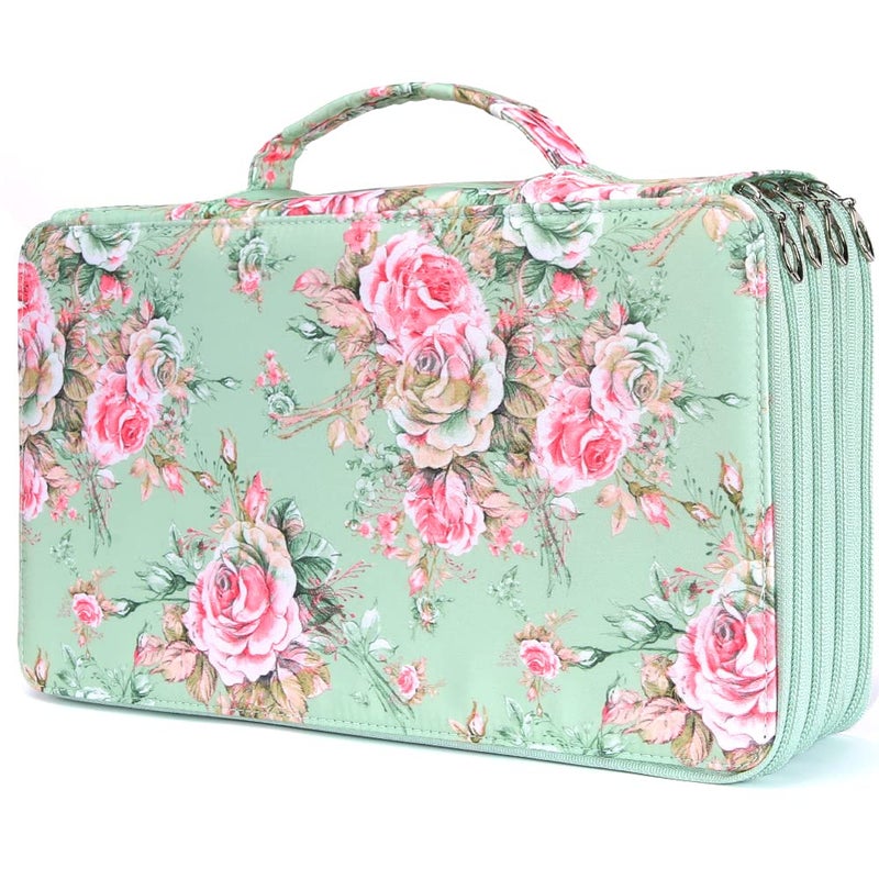 Vomgomfom Large Capacity Colored Pencil Case - Twill Fabric Holder With Zipper Closure for 300 Pencils or 200 Gel Pens, Organizer for Artists (Green Rose) - Image 1