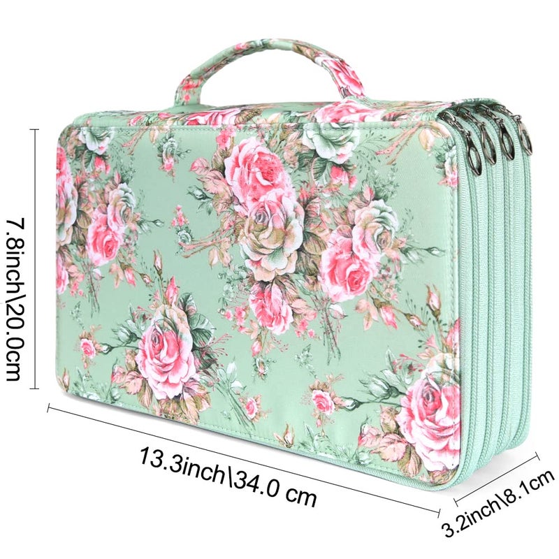 Vomgomfom Large Capacity Colored Pencil Case - Twill Fabric Holder With Zipper Closure for 300 Pencils or 200 Gel Pens, Organizer for Artists (Green Rose) - Image 2