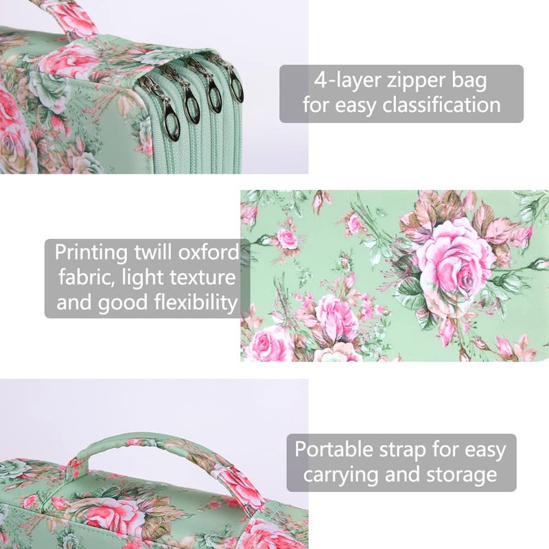 Vomgomfom Large Capacity Colored Pencil Case - Twill Fabric Holder With Zipper Closure for 300 Pencils or 200 Gel Pens, Organizer for Artists (Green Rose) - Image 3