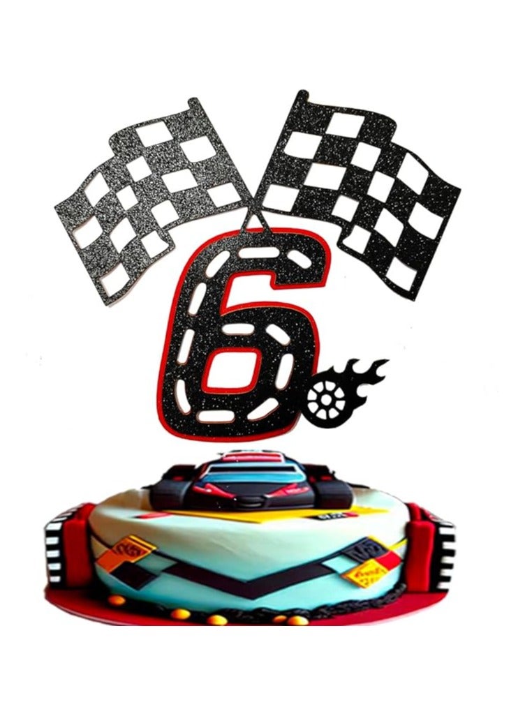 Race Car 6 Years old Birthday Cake Topper- Checkered Flag, Racing Track, Fire Wheel Cake Decoration Set for Boy's 6th Birthday Party Supply