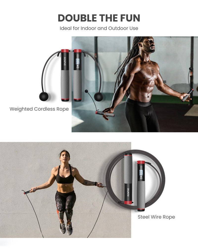 RENPHO Smart Skipping Rope with Counter, Adjustable Jump Ropes for Fitness, Skip Rope with APP Data Analysis, Workout Equipment for Women Men Adult Kids, Burn Calories, Gym, MMA, Grey - Image 2