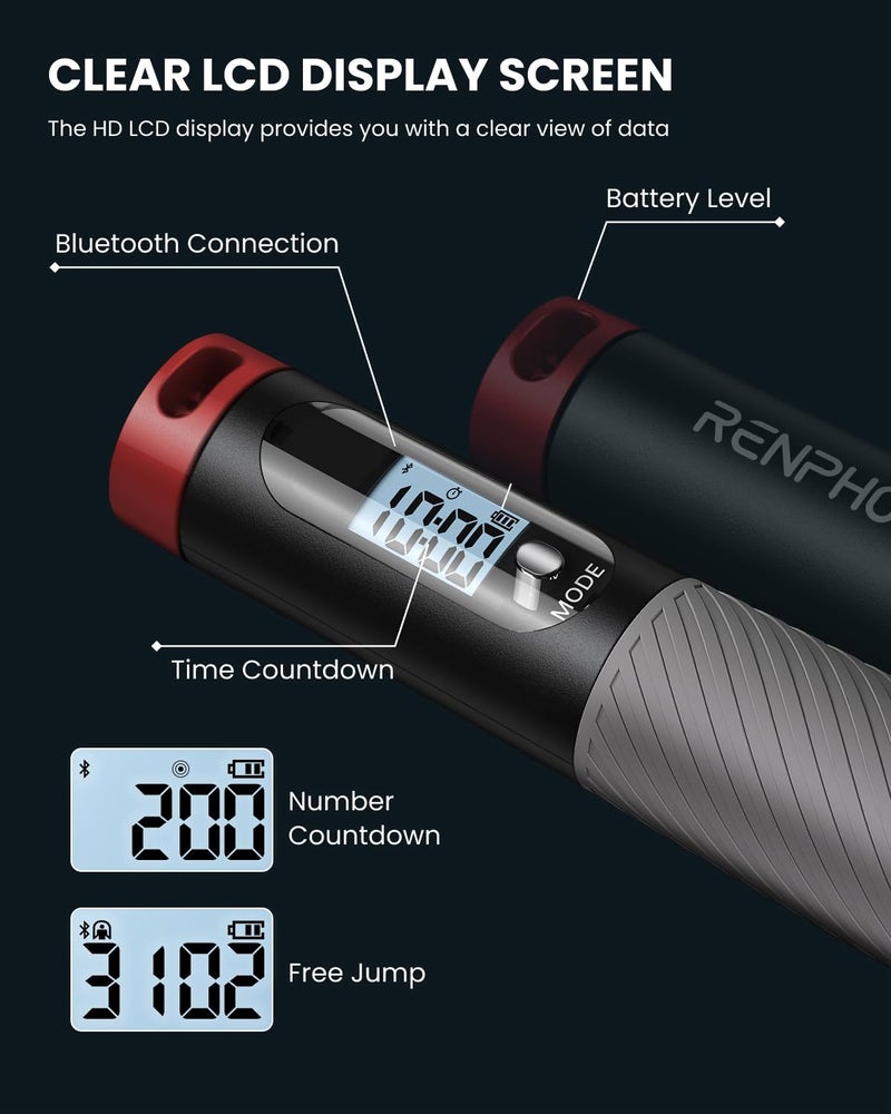 RENPHO Smart Skipping Rope with Counter, Adjustable Jump Ropes for Fitness, Skip Rope with APP Data Analysis, Workout Equipment for Women Men Adult Kids, Burn Calories, Gym, MMA, Grey - Image 5