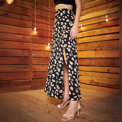 Berrylush Women Black & Beige Animal Print High-Rise Waist Thigh-High Slit Flared A-Line Midi Skirt - Image 3