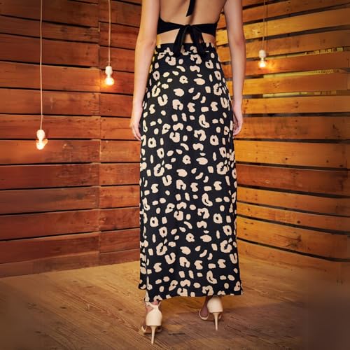 Berrylush Women Black & Beige Animal Print High-Rise Waist Thigh-High Slit Flared A-Line Midi Skirt - Image 4