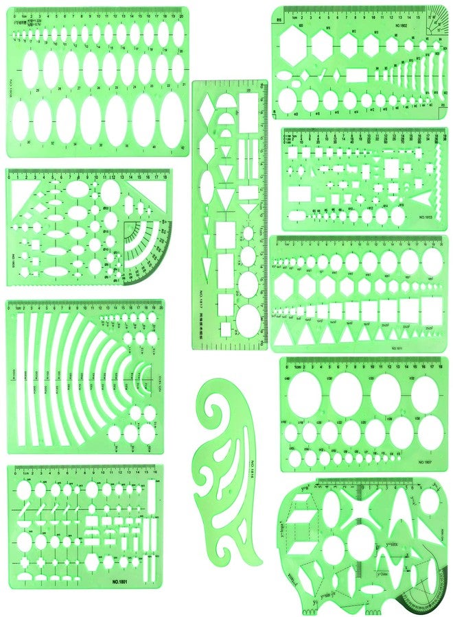 BetyBedy 11PCS Geometric Drawings Templates, Drafting Stencils Measuring Tools, BetyBedy Plastic Clear Green Ruler Shapes with a Zipper Bags for Architecture, Office, Studying, Designing and Building - Image 1